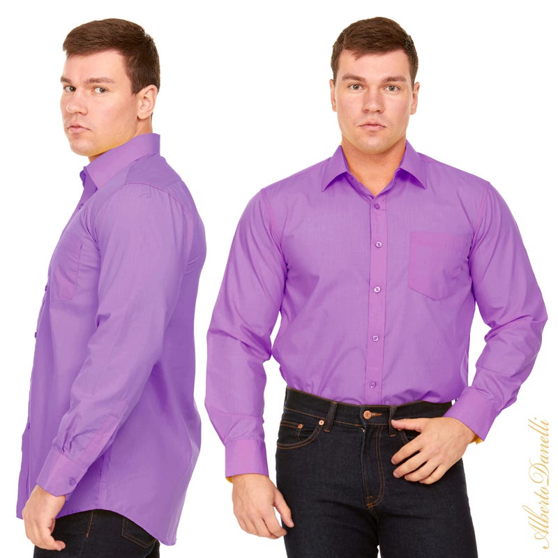 Alberto Danelli Men's Long Sleeve Dress Shirt with Matching Tie and Handkerchief, Large / 16-16.5 Neck -33/34 Sleeve, Periwinkle - Image 2